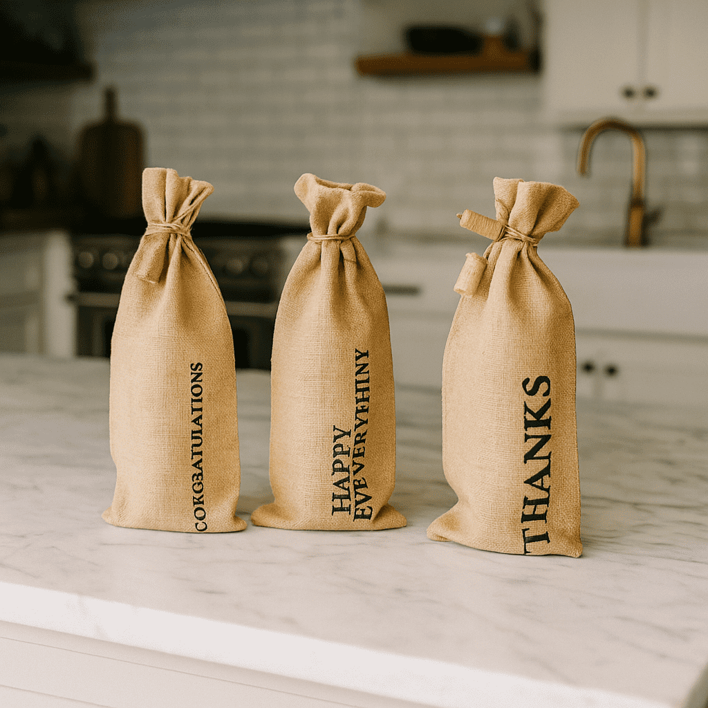 Typographic Jute Wine Bags – Eco-Friendly Set of 3