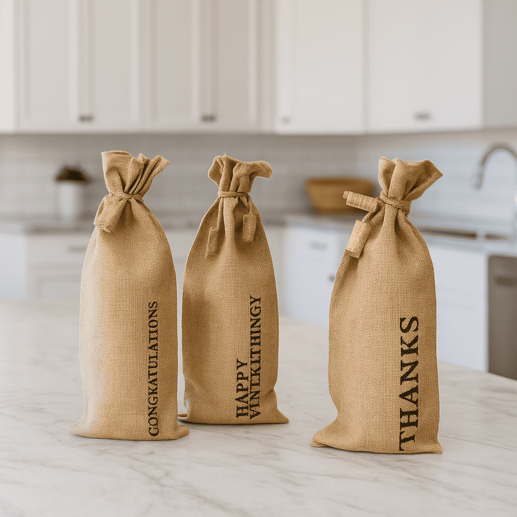 Typographic Jute Wine Bags – Eco-Friendly Set of 3