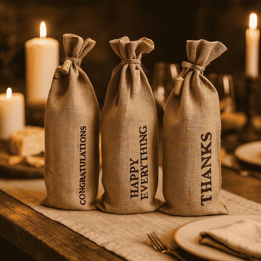 Typographic Jute Wine Bags – Eco-Friendly Set of 3