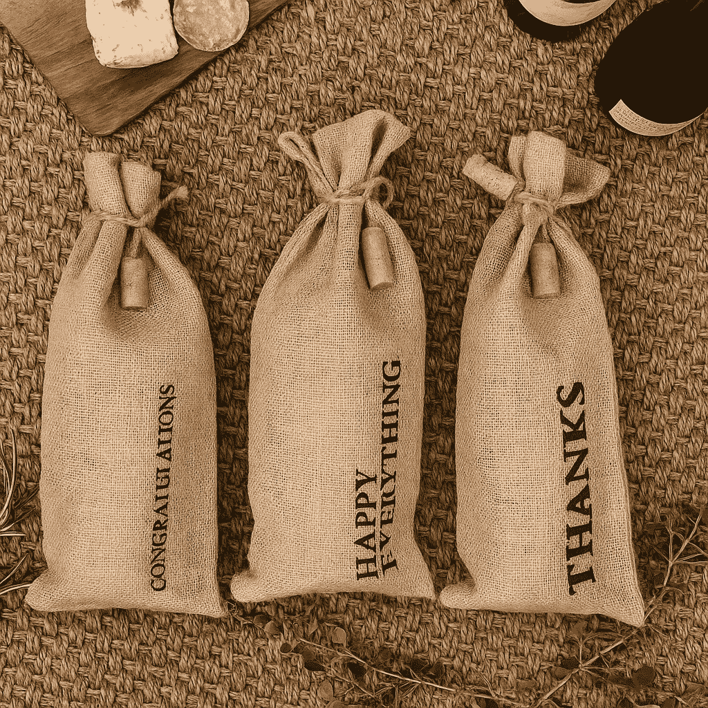 Typographic Jute Wine Bags – Eco-Friendly Set of 3
