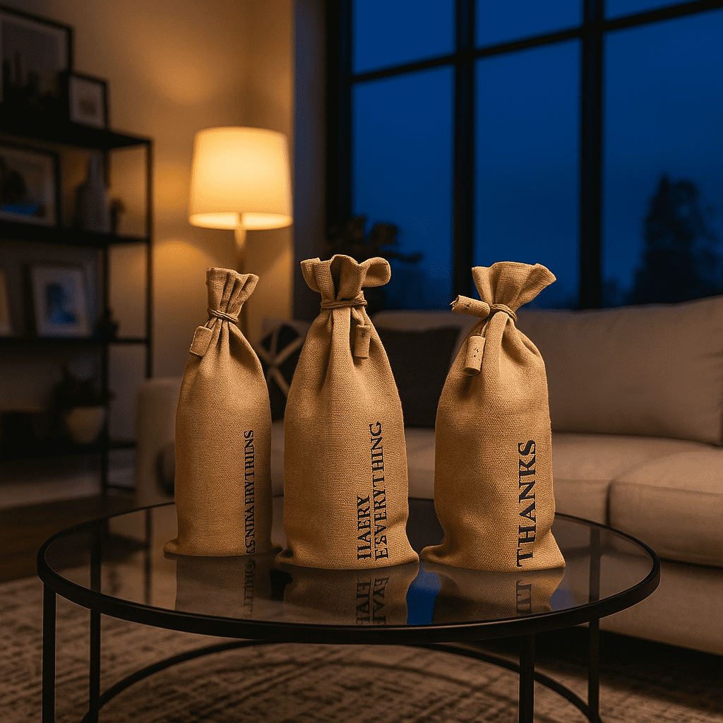 Typographic Jute Wine Bags – Eco-Friendly Set of 3