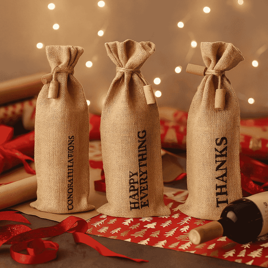 Typographic Jute Wine Bags – Eco-Friendly Set of 3