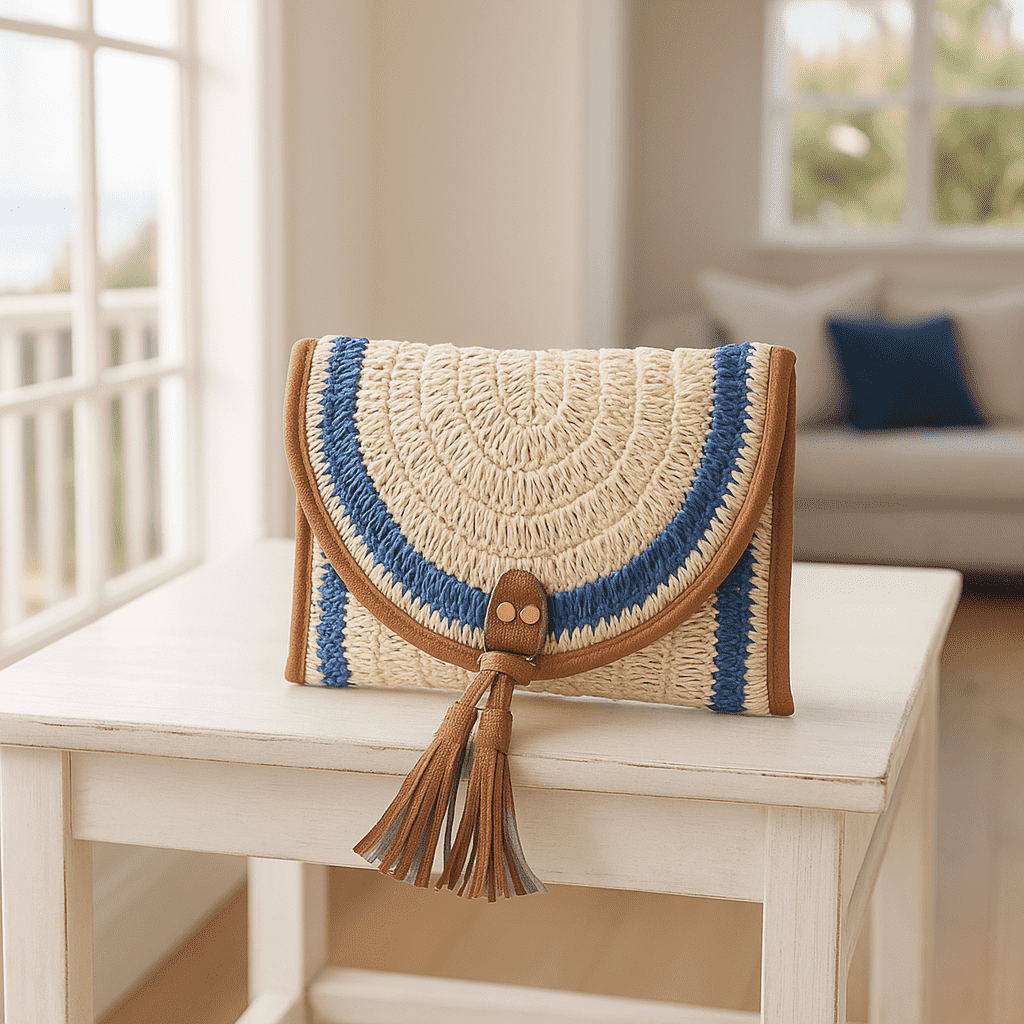 Handmade Raffia Beach Clutch Bag with PU tassels