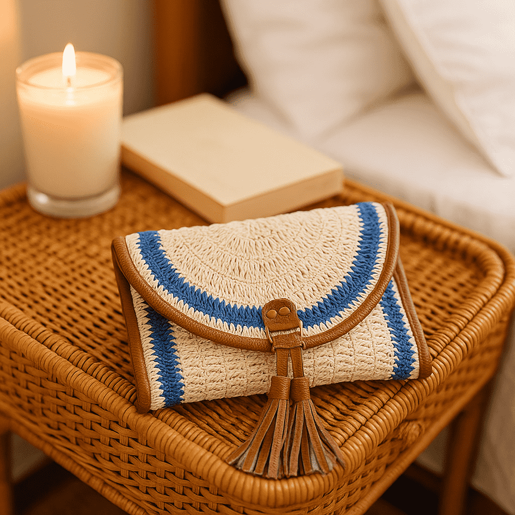 Handmade Raffia Beach Clutch Bag with PU tassels