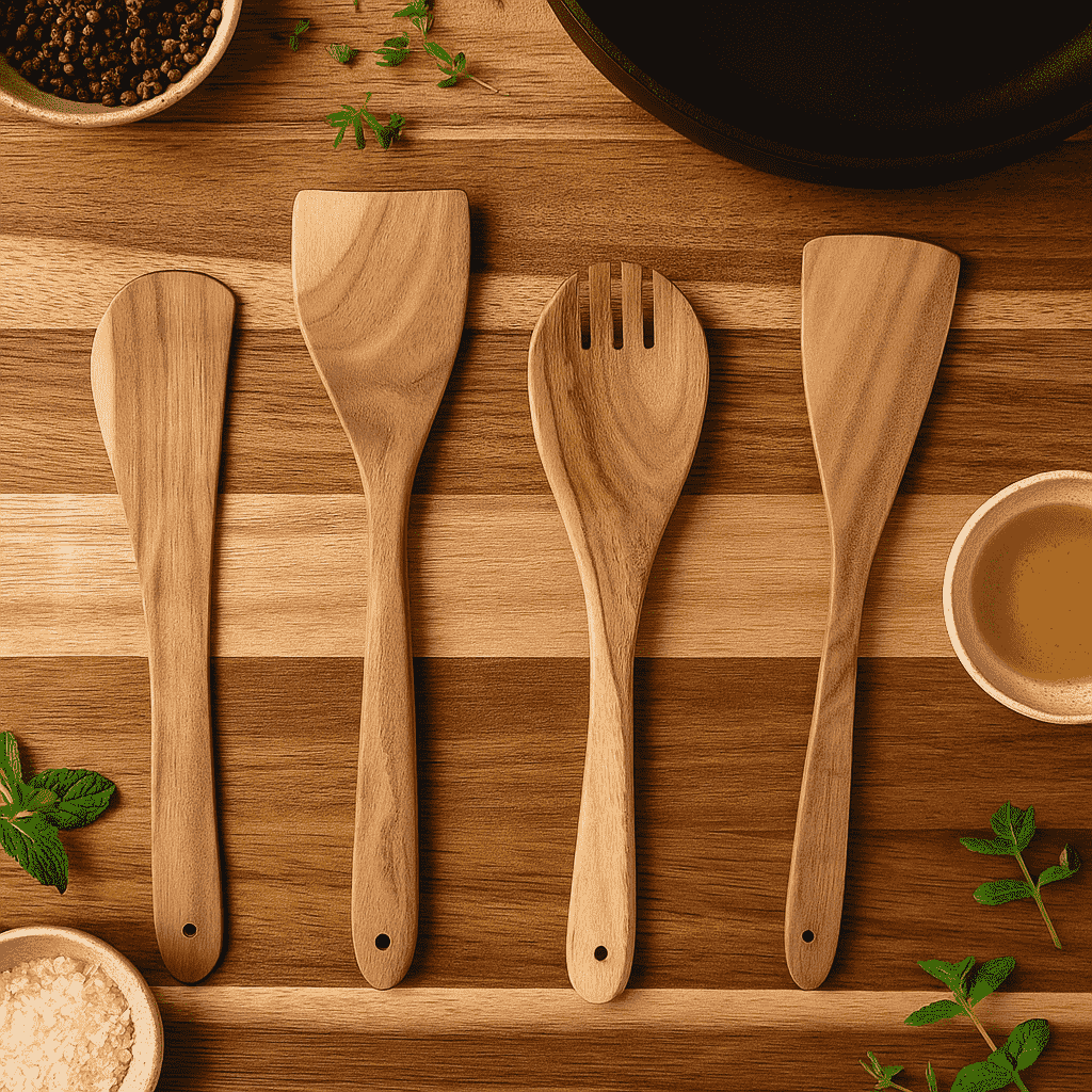 Hand-Carved Acacia Wood Cooking Spoon Set – 4 Kitchen Tools