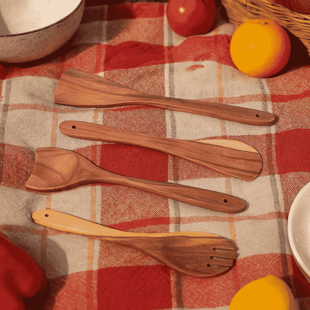 Hand-Carved Acacia Wood Cooking Spoon Set – 4 Kitchen Tools