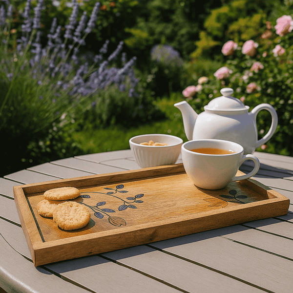 Botanical Mango Wood Tray | Hand-Painted Serving Decor