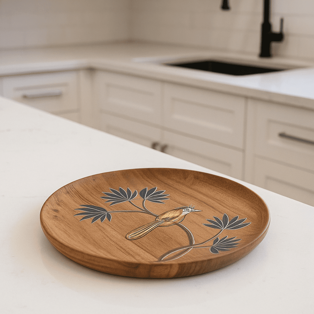 Enamelled Acacia Wood 'Bird on a Branch' Plate (Small)