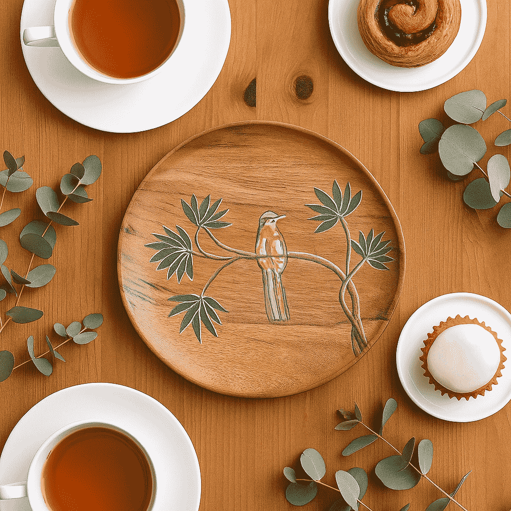 Enamelled Acacia Wood &#39;Bird on a Branch&#39; Plate (Small)