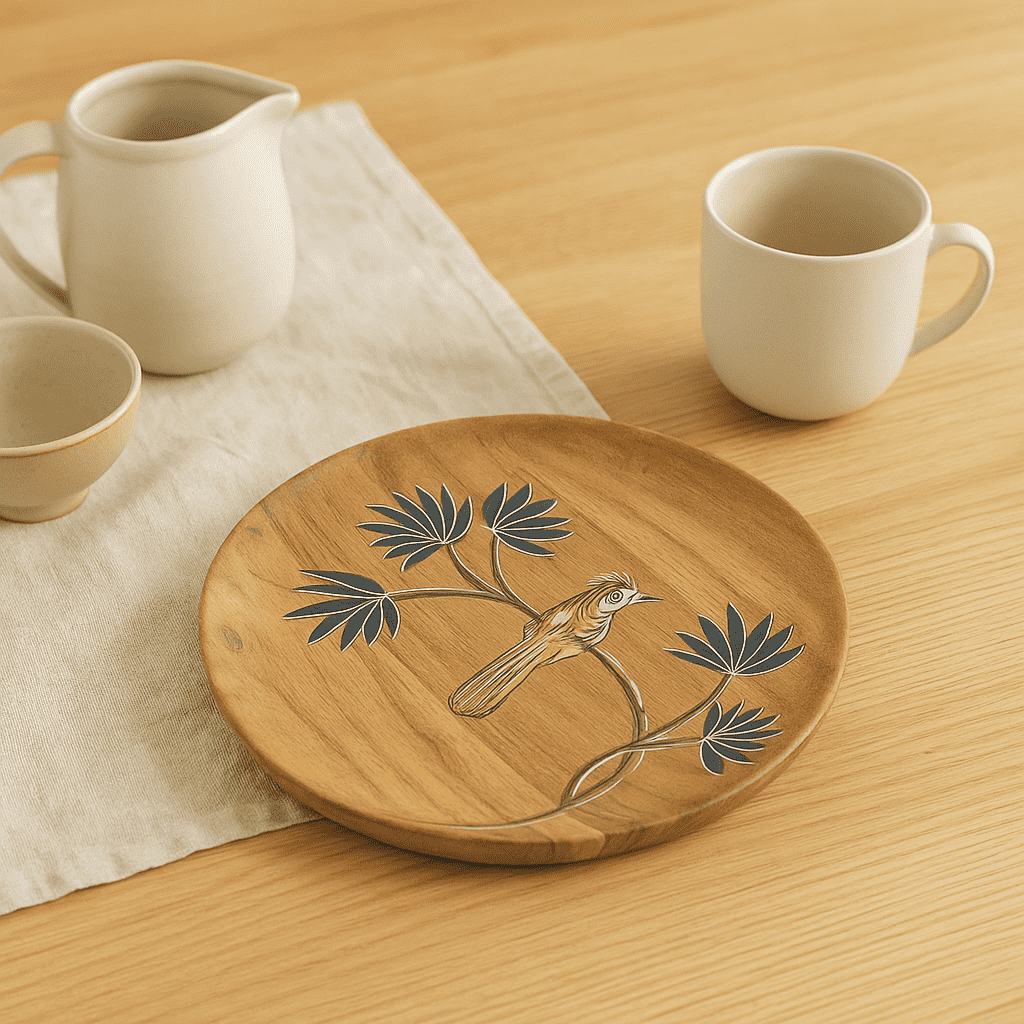 Enamelled Acacia Wood &#39;Bird on a Branch&#39; Plate (Small)