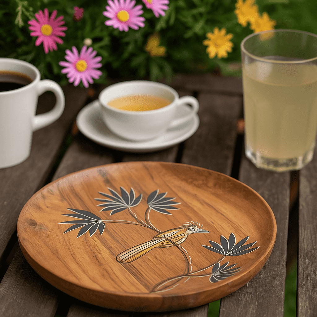 Enamelled Acacia Wood &#39;Bird on a Branch&#39; Plate (Small)