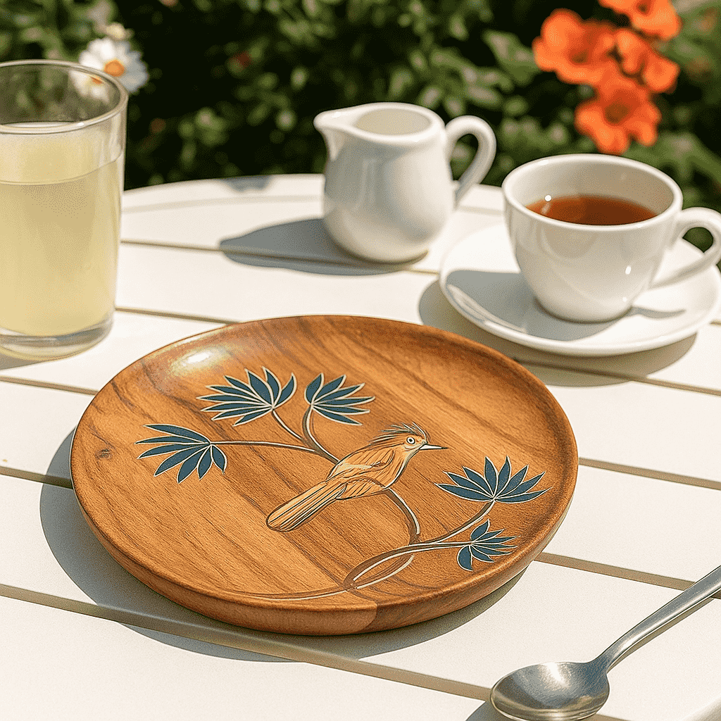 Enamelled Acacia Wood &#39;Bird on a Branch&#39; Plate (Small)