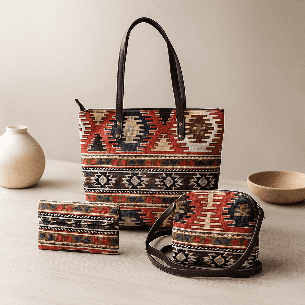 Jacquard Tote, Sling & Wallet Set – Handwoven Cotton