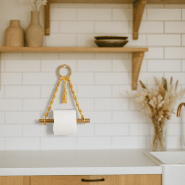 Macrame & Wood Hanging Toilet Roll Holder – Handmade