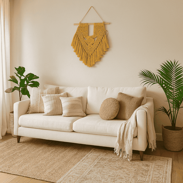 Mustard Macrame Wall Hanging | Tasseled Cotton Boho Decor