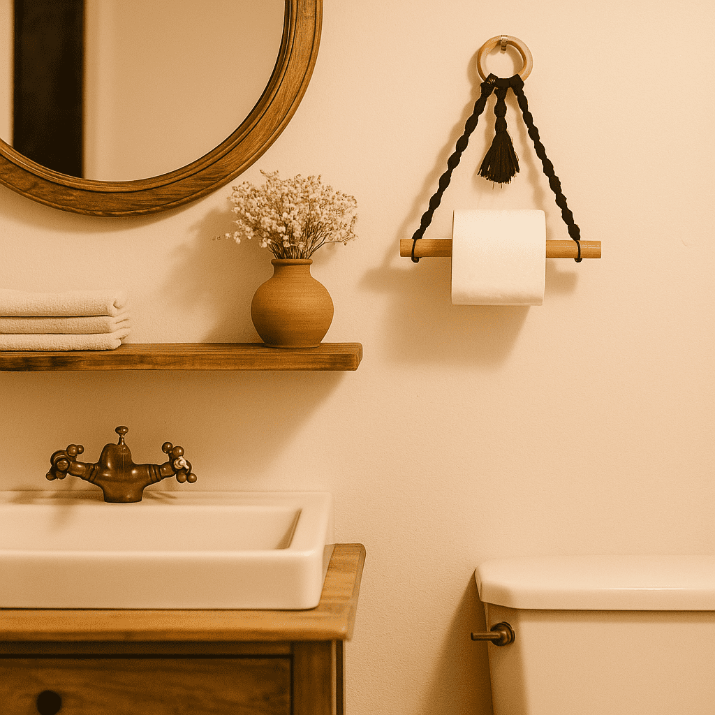 Cotton Macrame &amp; Wood Hanging Toilet Roll Holder