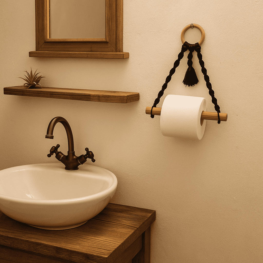 Cotton Macrame &amp; Wood Hanging Toilet Roll Holder