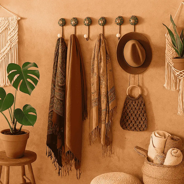 Ceramic Wall Hooks | Floral Gold Iron Set of 6 | Gleemium