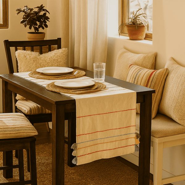 Minimal Cotton Table Runner | Threadwork Tasseled Decor