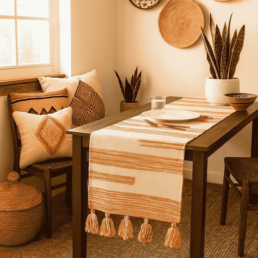 Warm Bohemian Cotton Table Runner with Tassels