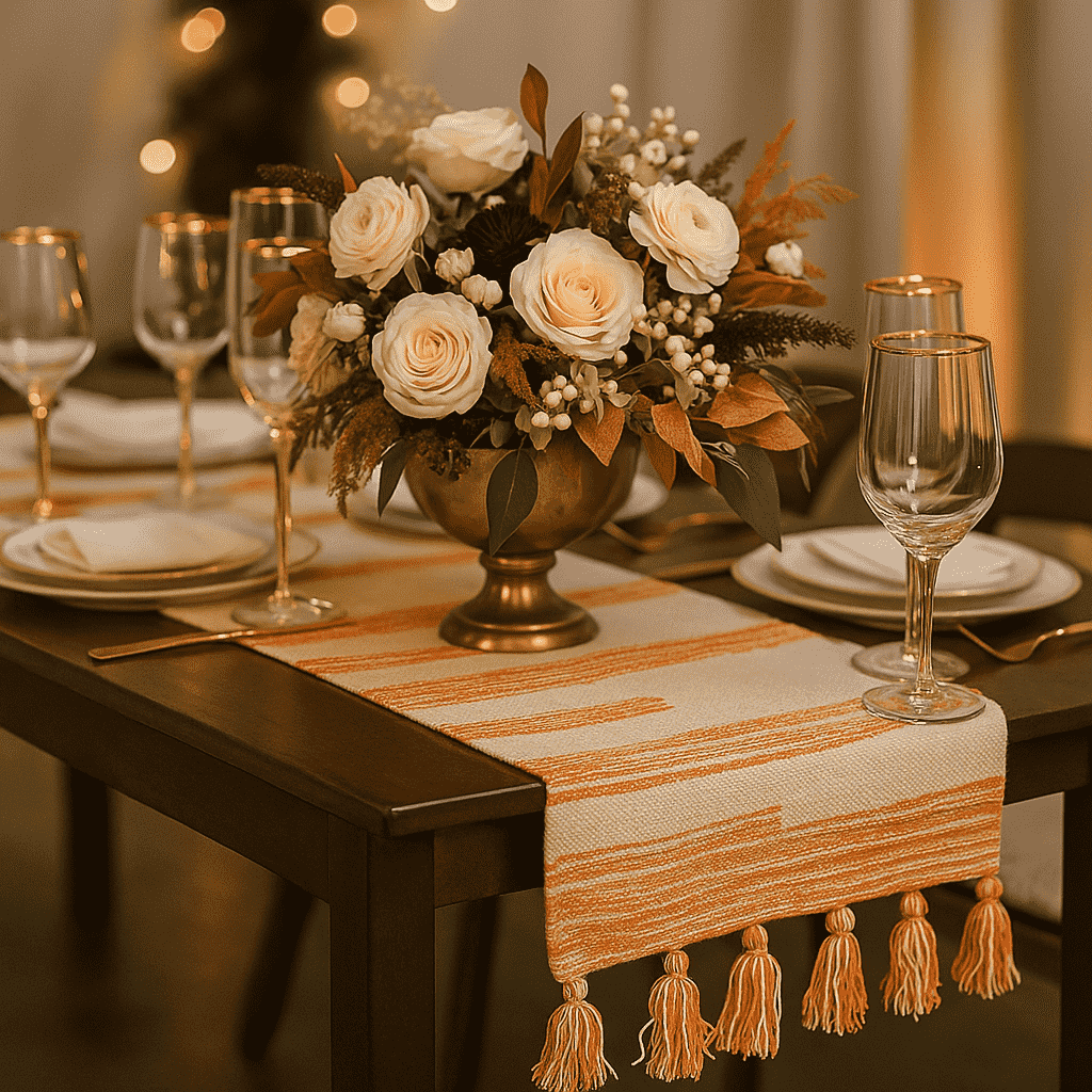 Warm Bohemian Cotton Table Runner with Tassels