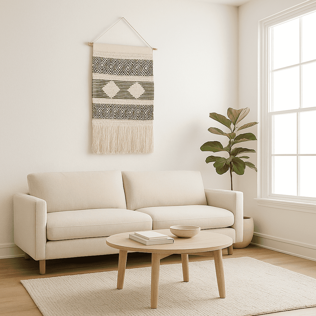 Handwoven Cotton Geometric Wall Hanging with Fringe – Boho Wall Decor