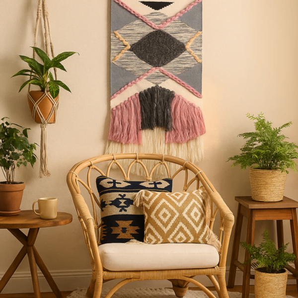 Handwoven Tufted Geometric Wall Hanging with Fringe – Pink Wall Decor