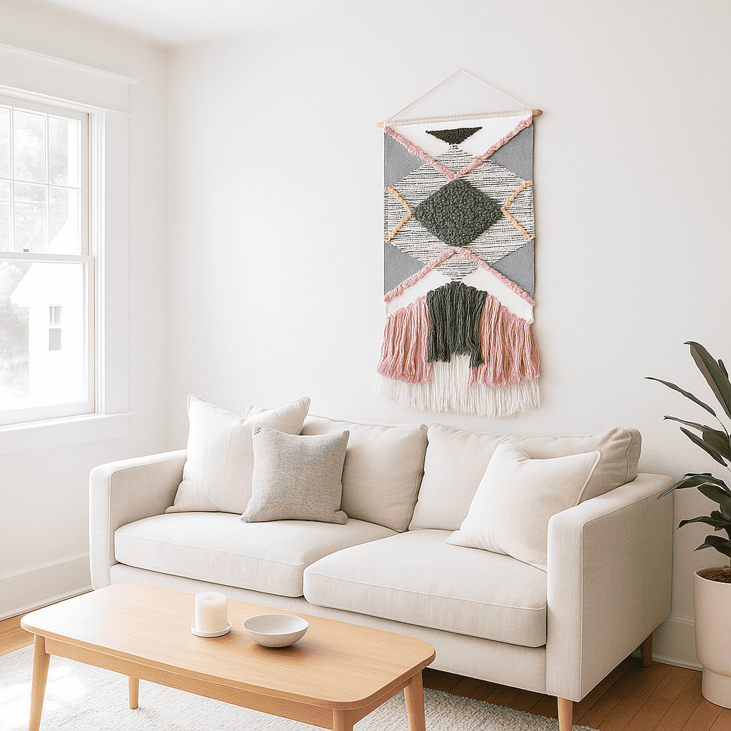Handwoven Tufted Geometric Wall Hanging with Fringe – Pink Wall Decor