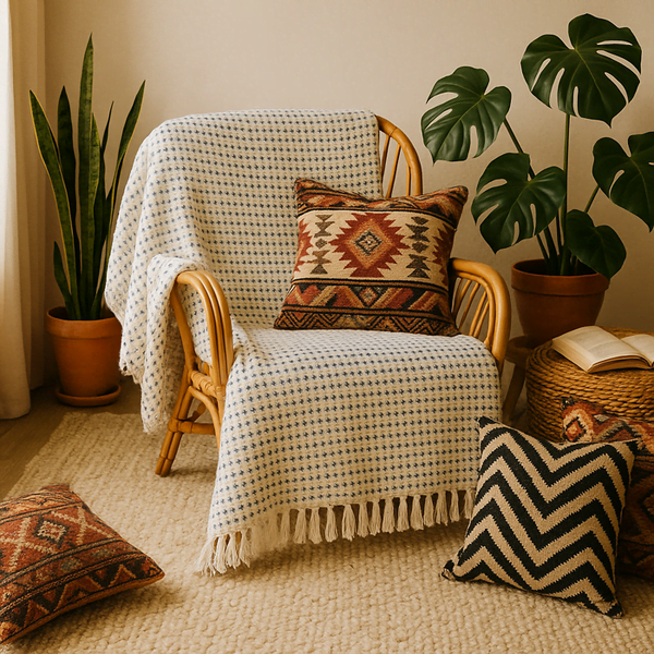Blue Dots Cotton Throw – Handwoven