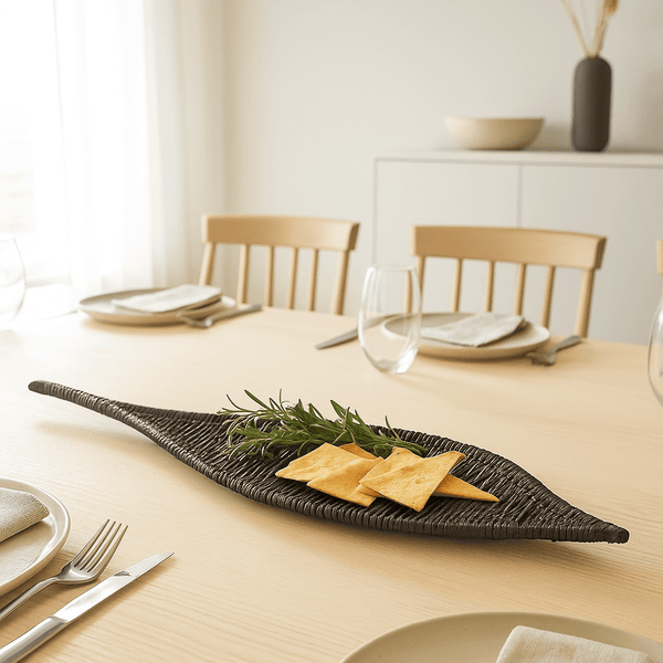 Wicker Platter | Handwoven Black Boat-Shaped Artisan Tray