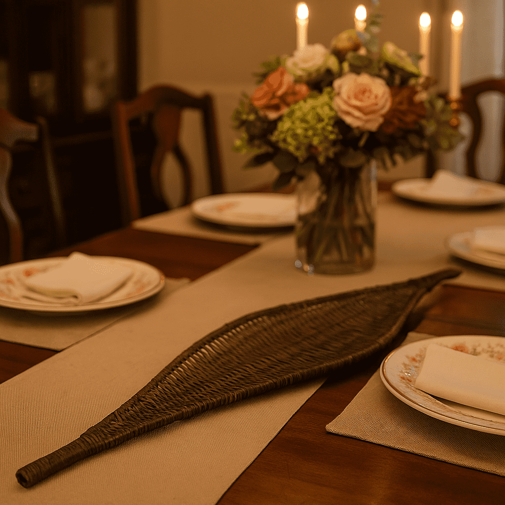 Handwoven Black Boat-Shaped Wicker Platter