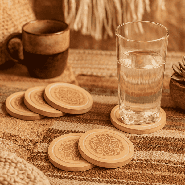 Mandala Coasters | Handmade Wood Cup Coasters Set of 6 with Stand