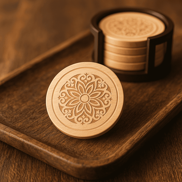 Mandala Coasters | Handmade Wood Cup Coasters Set of 6 with Stand