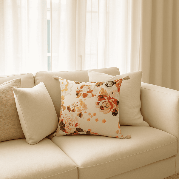 Velvet Floral Cushion Cover | Rose Garden Tasseled Boho Decor