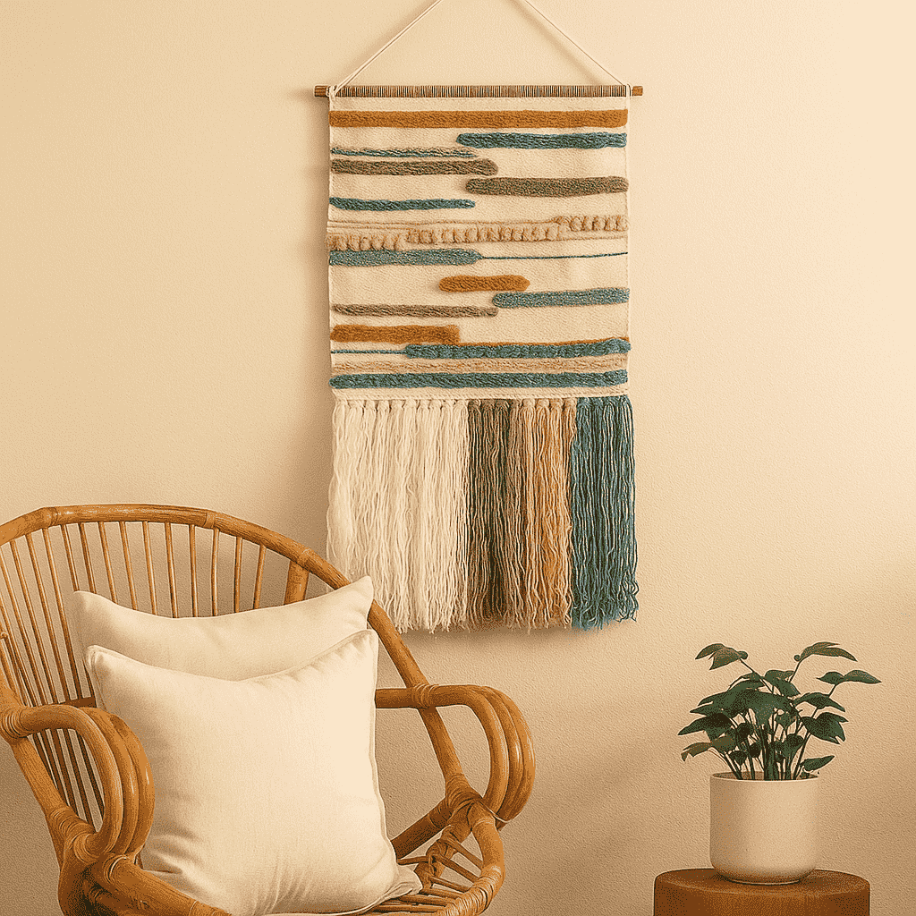 Handwoven &amp; Tufted Broken Lines Fringed Wall Hanging