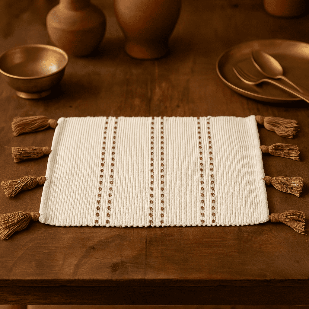 Handwoven Minimal Umber Tasseled Cotton Placemats (Set of 4)
