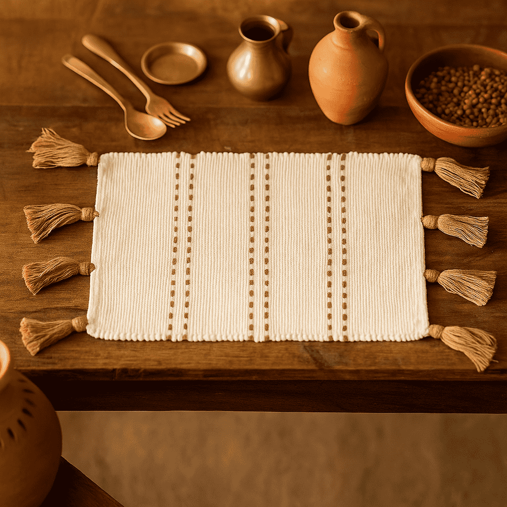 Handwoven Minimal Umber Tasseled Cotton Placemats (Set of 4)