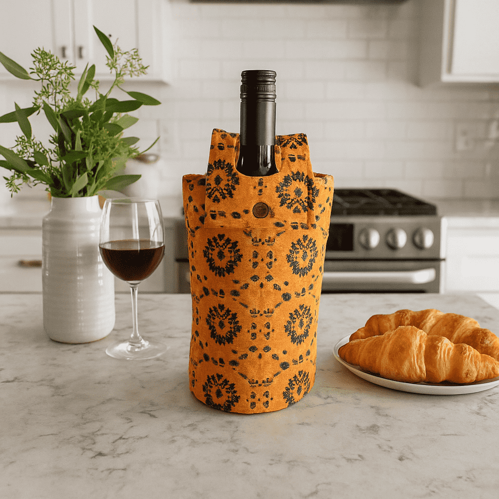 Printed Mustard fabric wine Bottle bag – Handcrafted