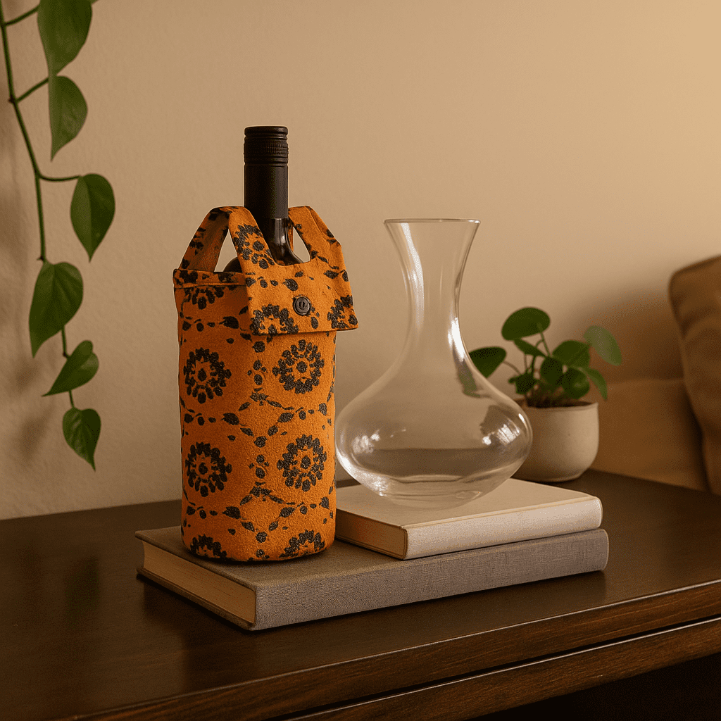 Printed Mustard fabric wine Bottle bag – Handcrafted