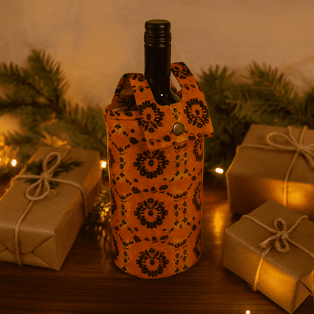 Printed Mustard fabric wine Bottle bag – Handcrafted