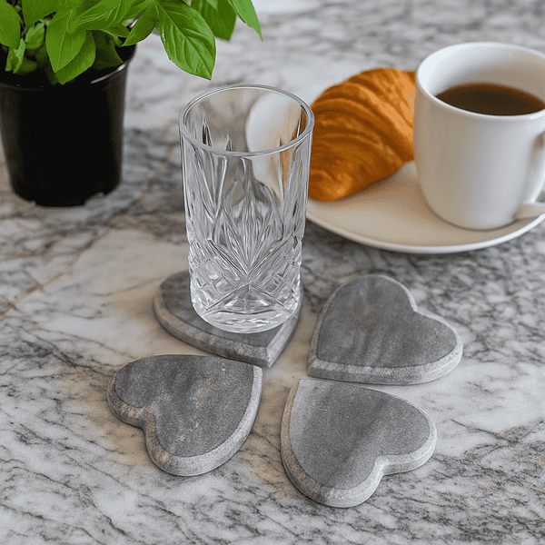 Heart Marble Coasters | Hand Cut Set of 4 Stone Drink Coasters