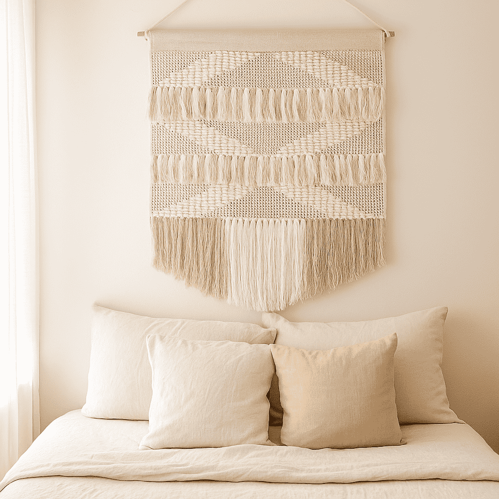 Handwoven White & Beige Cotton Fringed Wall Hanging