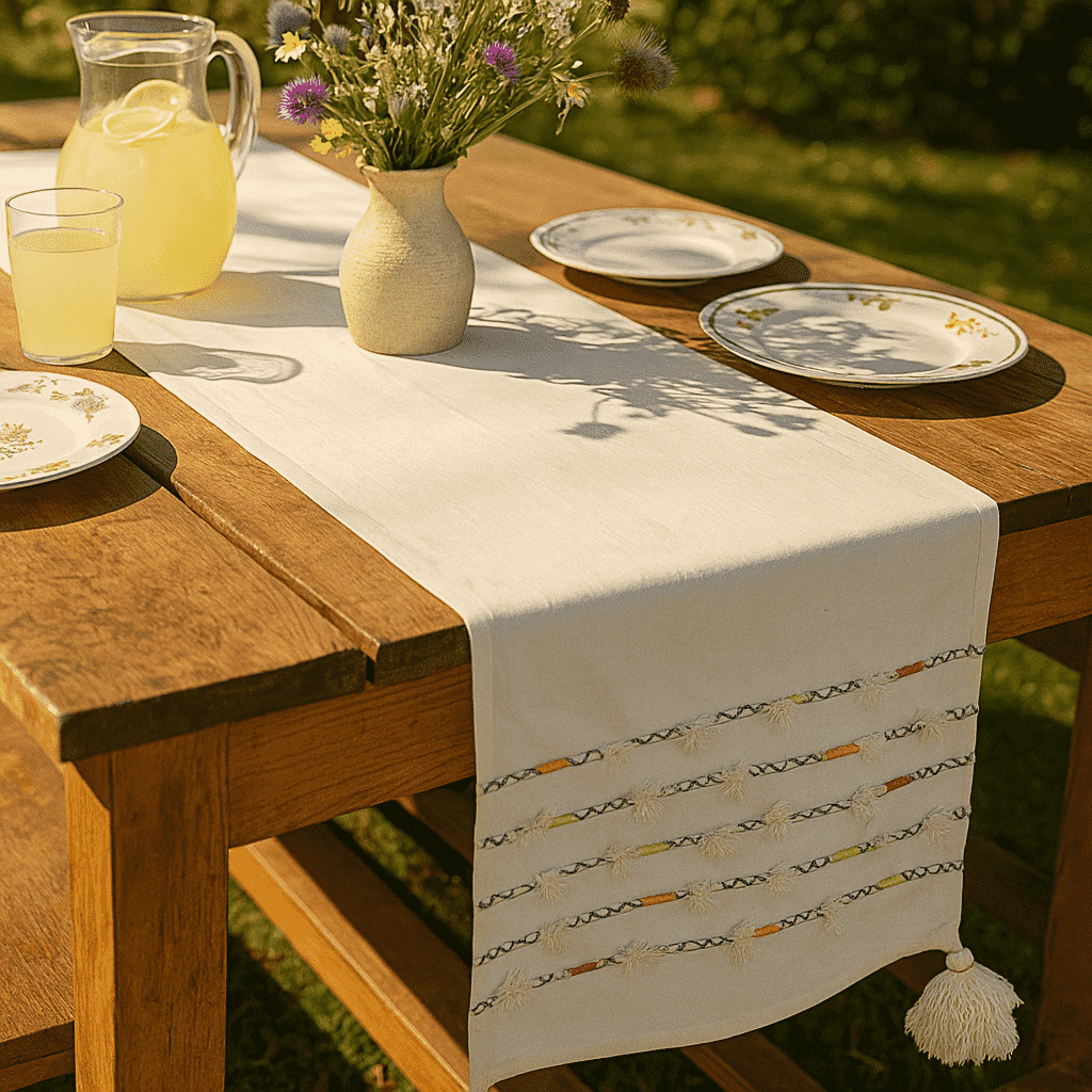 Thread Striped &amp; Tasseled Cotton Table Runner