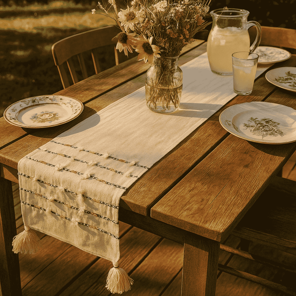 Thread Striped &amp; Tasseled Cotton Table Runner