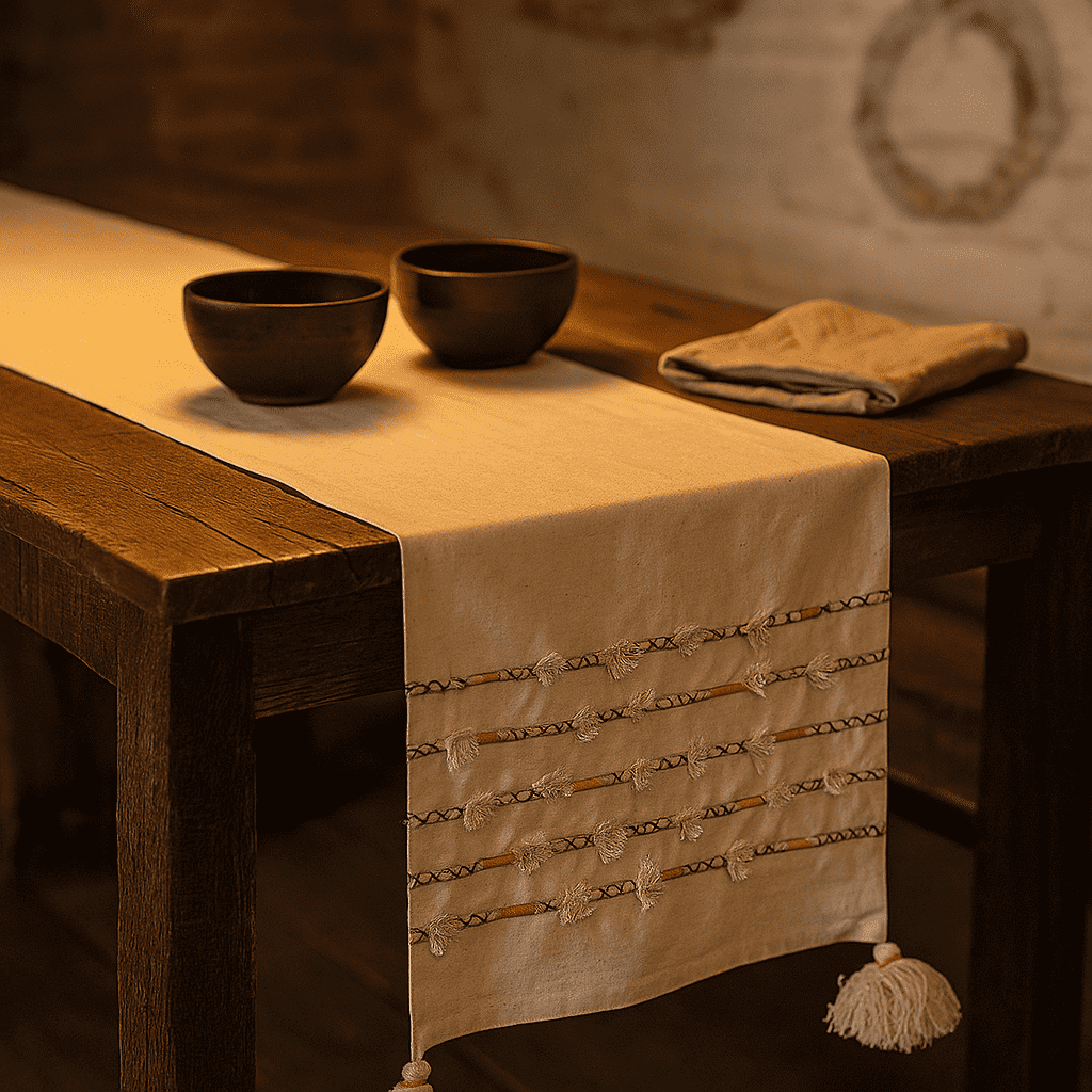 Thread Striped &amp; Tasseled Cotton Table Runner