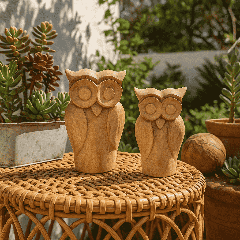 Hand-Carved Carved Wooden Owl Figurines (Set of 2)