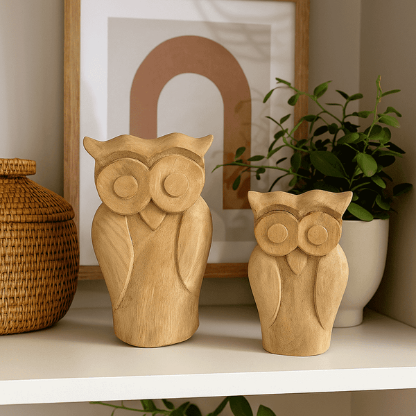 Wooden Owl Figurines | Hand Carved Set of 2 Tabletop Decor