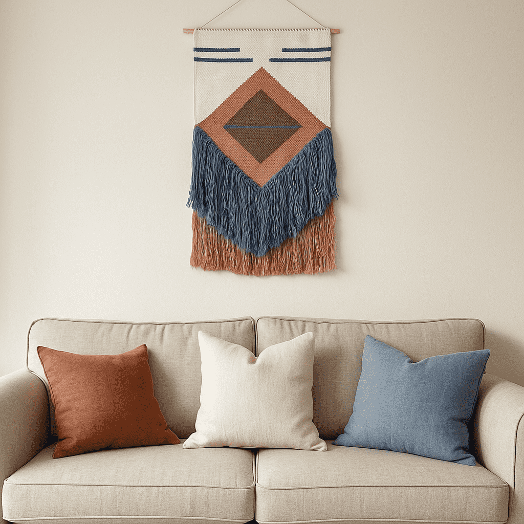 Handwoven Diamond Wool Wall Hanging with Cadet &amp; Rose Fringes