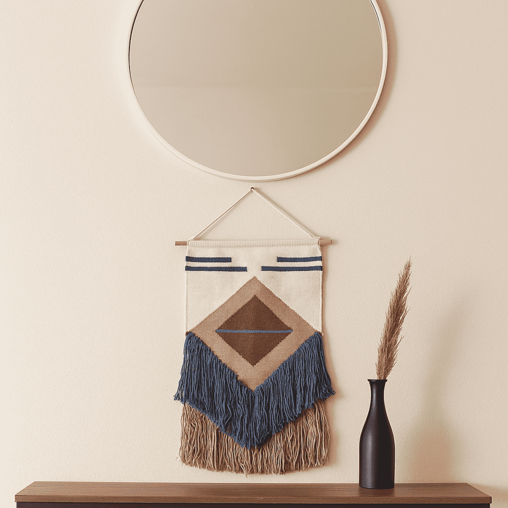 Handwoven Diamond Wool Wall Hanging with Cadet &amp; Rose Fringes