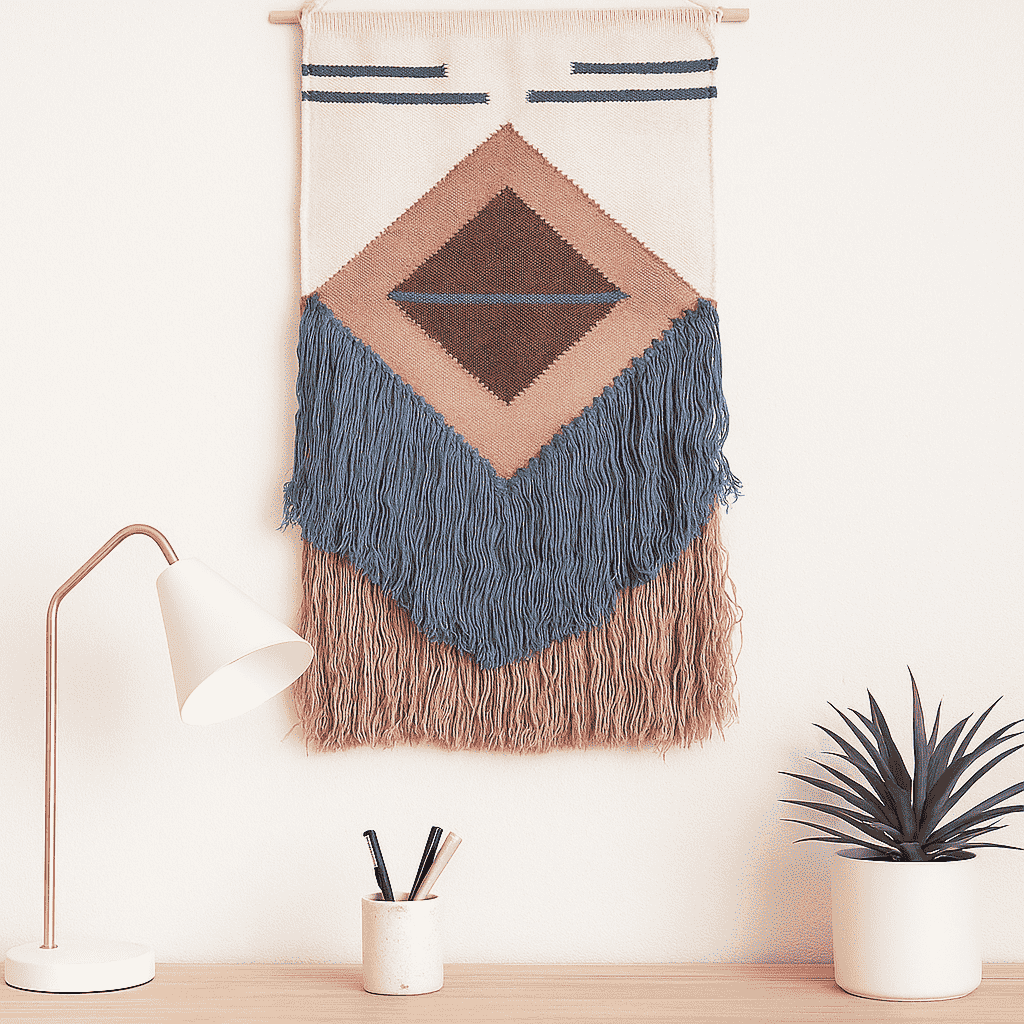 Handwoven Diamond Wool Wall Hanging with Cadet & Rose Fringes